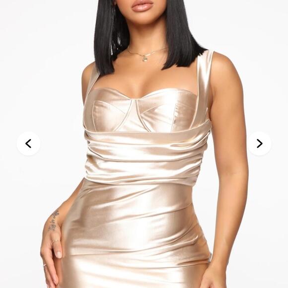 Fashion Nova Champagne Satin Bodycon Midi Dress‎ Formal NWT Size L - Picture 2 of 8
